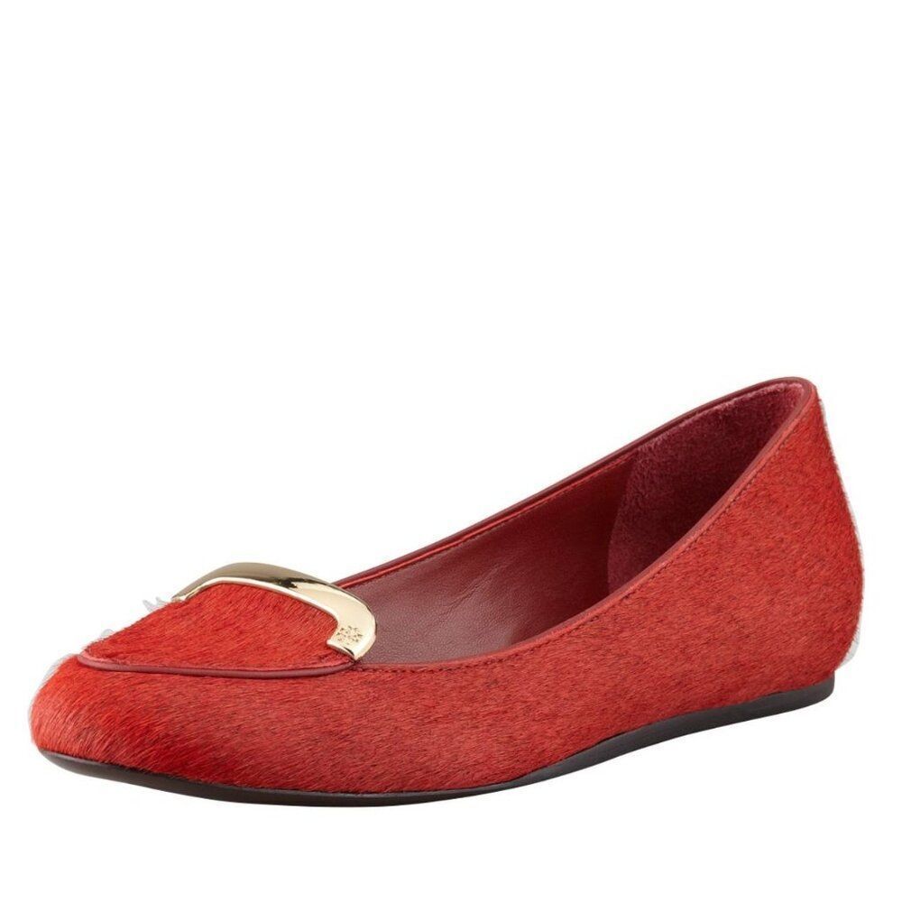 $295 TORY BURCH Jess Calf Hair Flats 7.5 Brick Red Smoking Slipper Ballet Loafer
